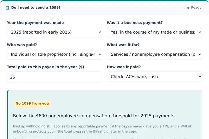 Do I need to send a 1099? filled in with a sample result