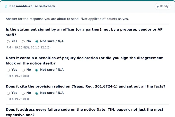 Reasonable-cause self-check filled in with a sample result